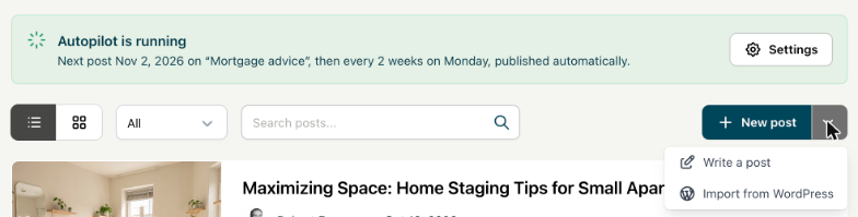 Avenue Blog page with the New post menu open on Import from WordPress