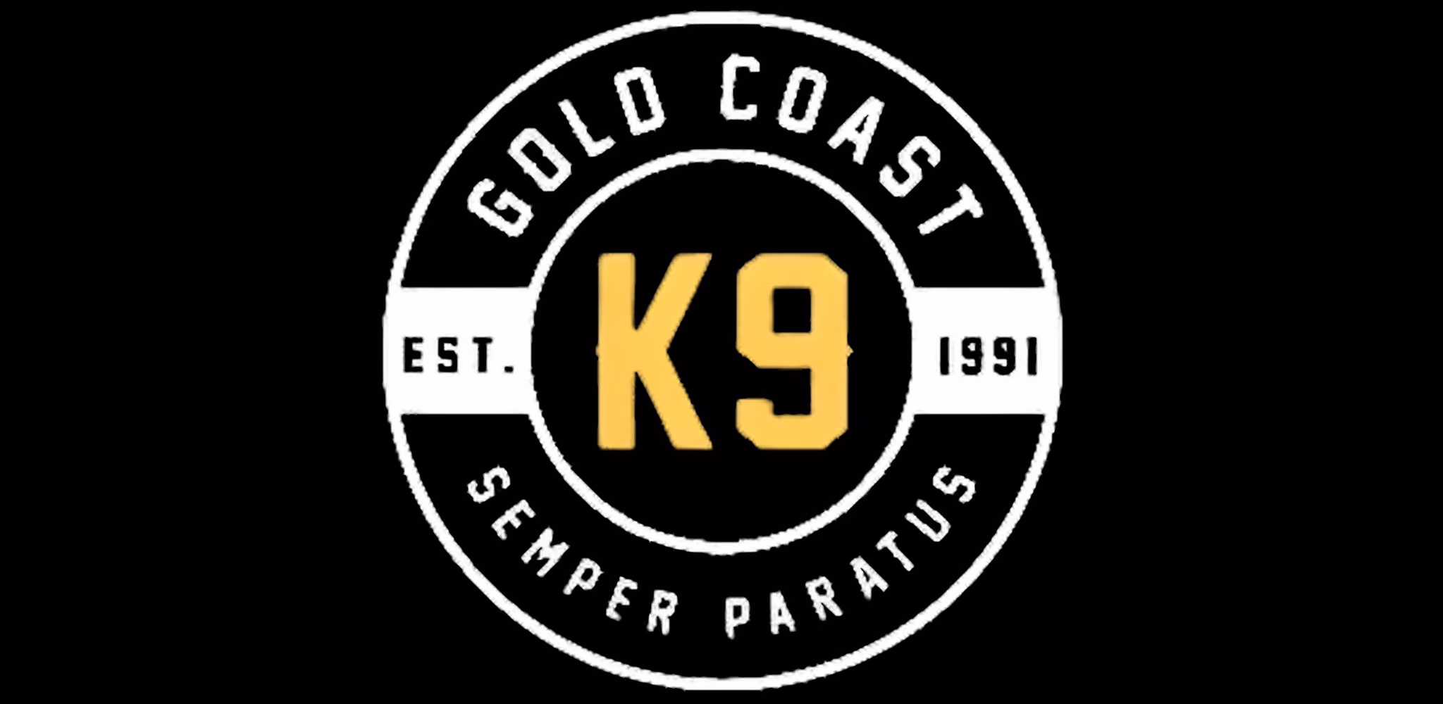 Gold Coast K9 logo with EST. 1991 and motto Semper Paratus in a circular emblem.