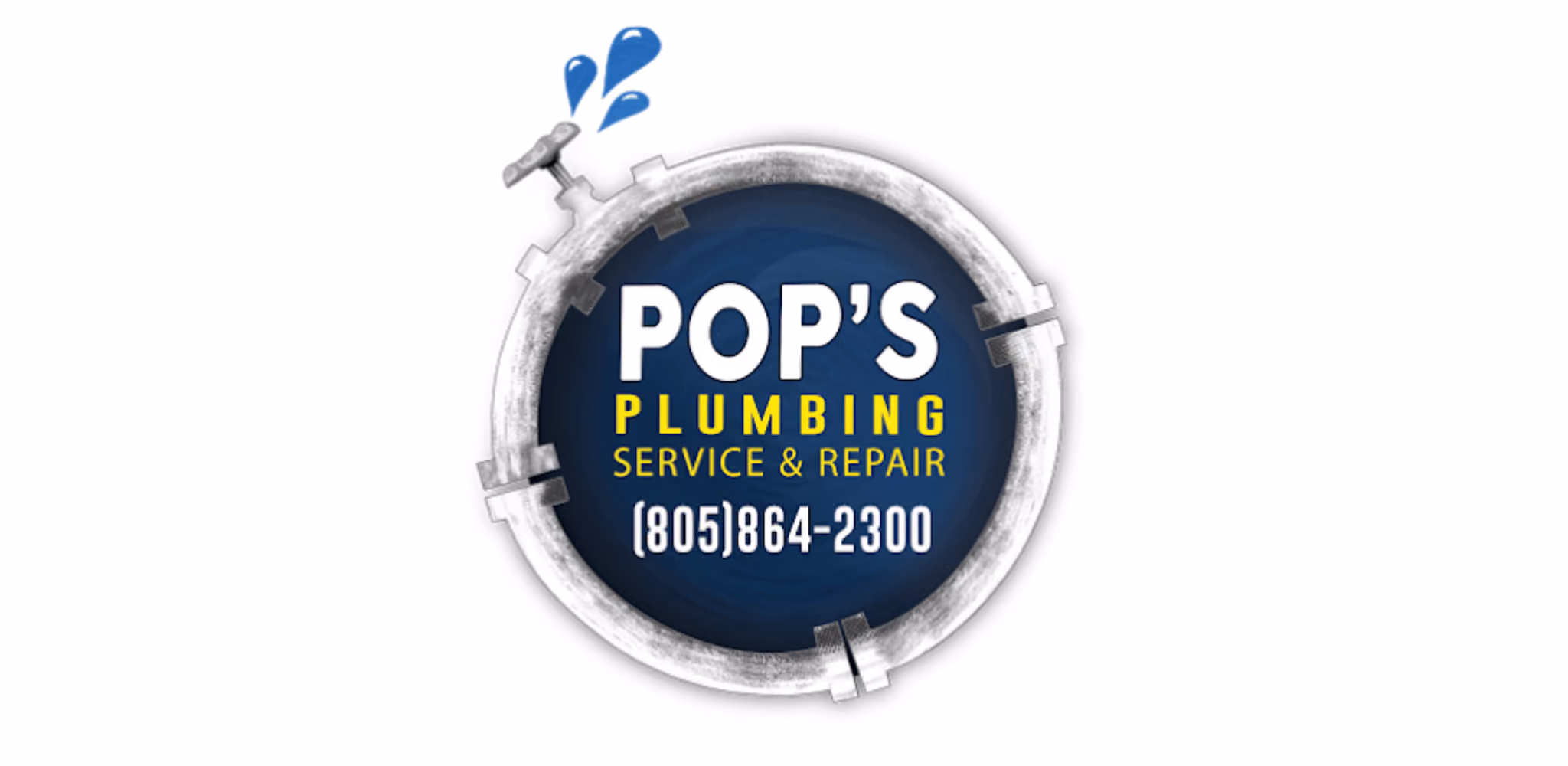Pop's Plumbing Service & Repair logo inside a pipe with water drops and phone number 805-864-2300.