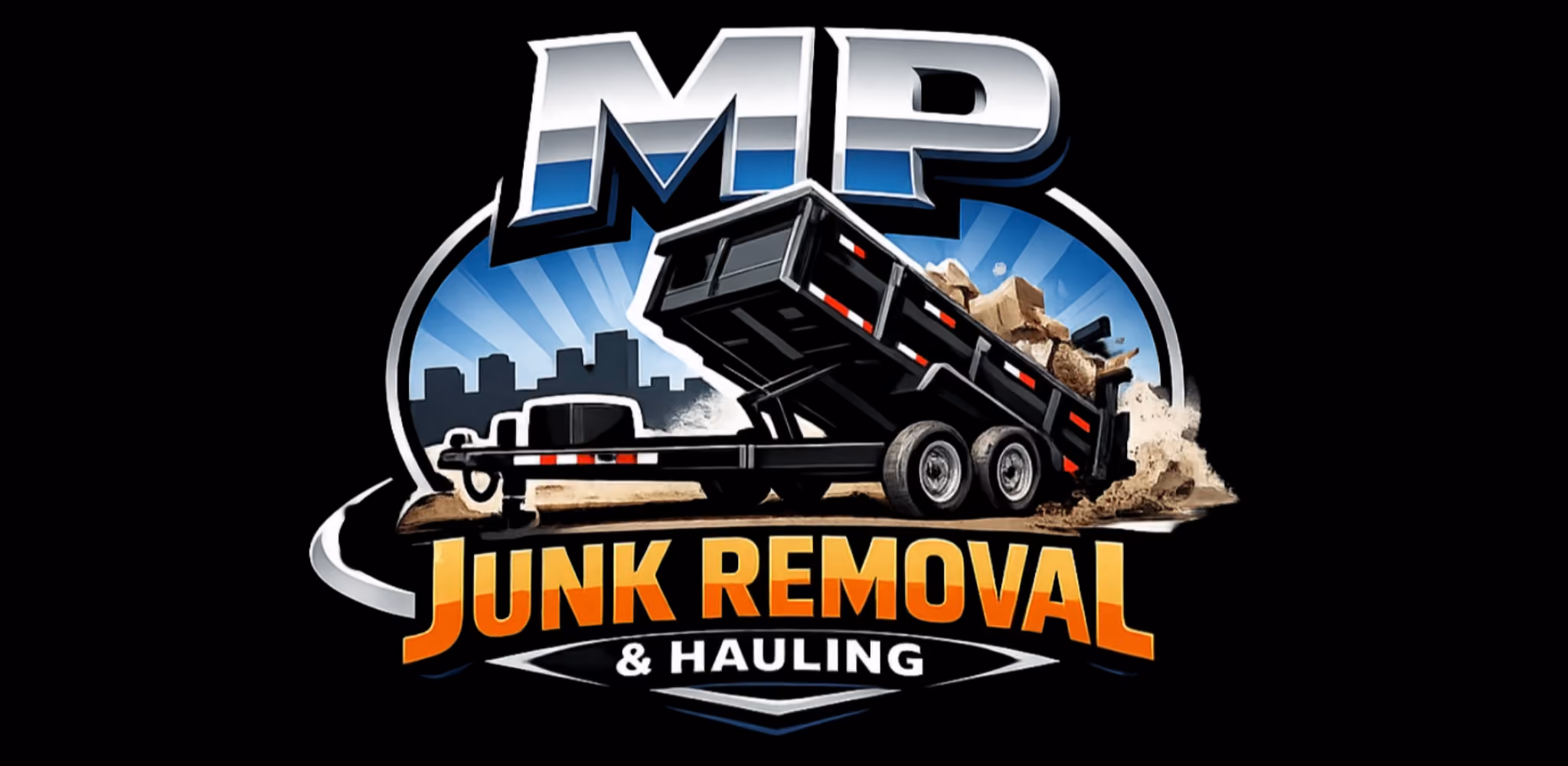 Logo of MP Junk Removal & Hauling with dump trailer unloading debris against blue cityscape.