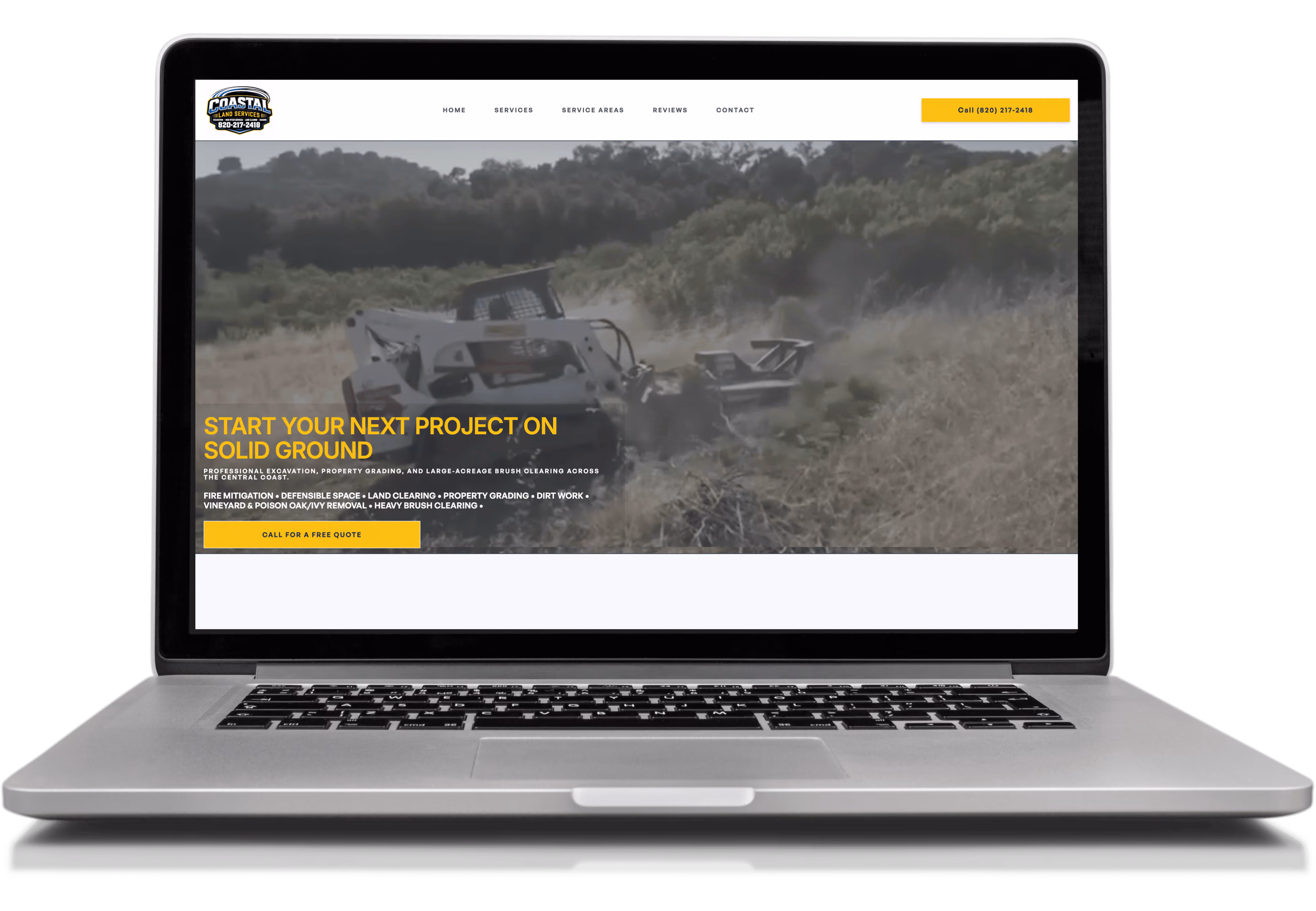 Laptop screen shows Coastal Land Services website with a construction vehicle clearing brush.
