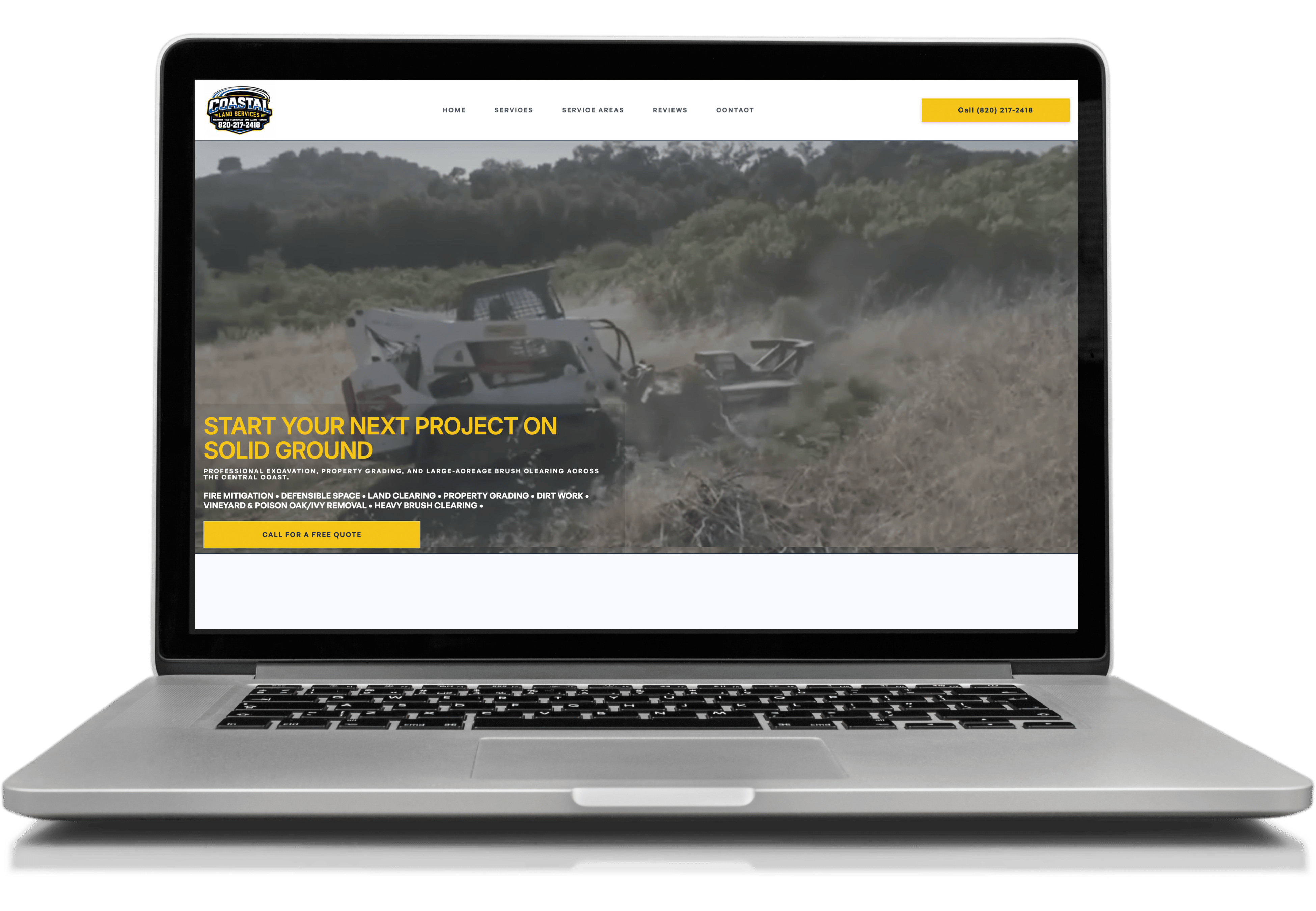 Laptop screen shows Coastal Land Services website with a construction vehicle clearing brush.