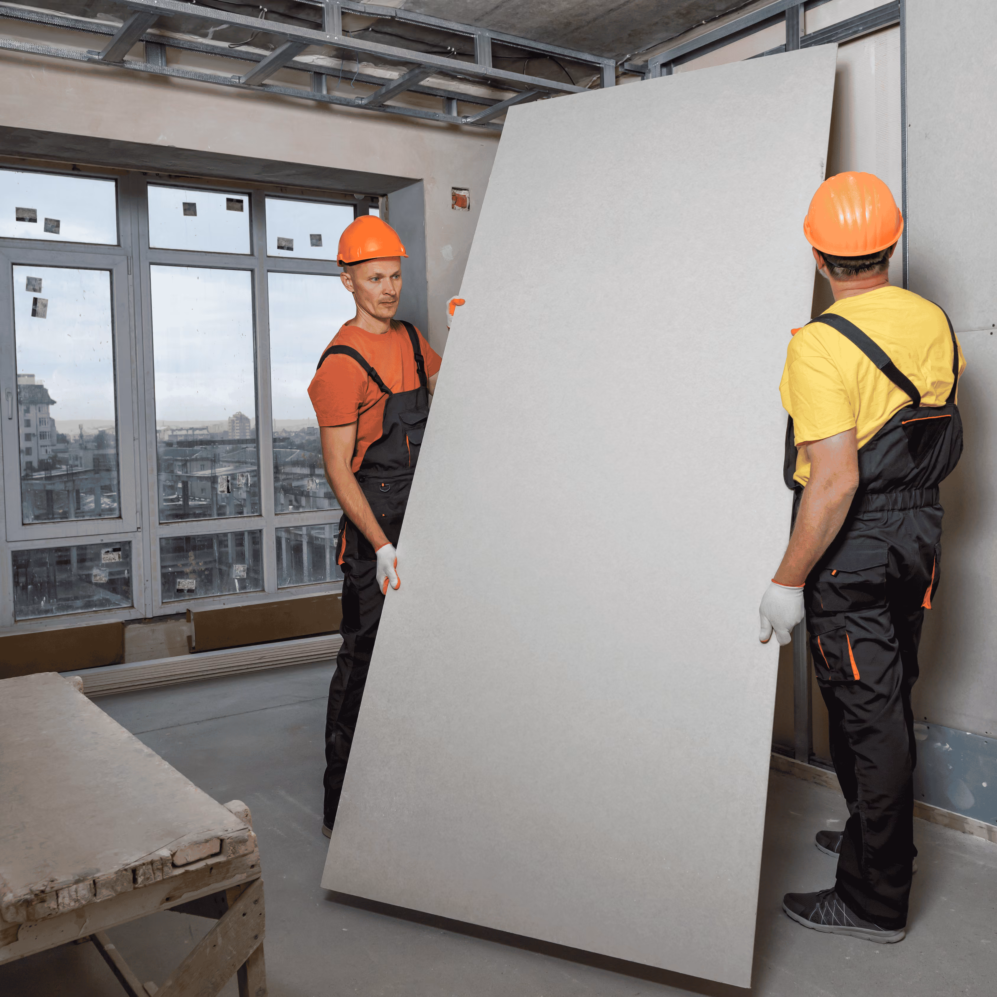 Two construction workers in hard hats carrying a large drywall sheet inside a building under construction.