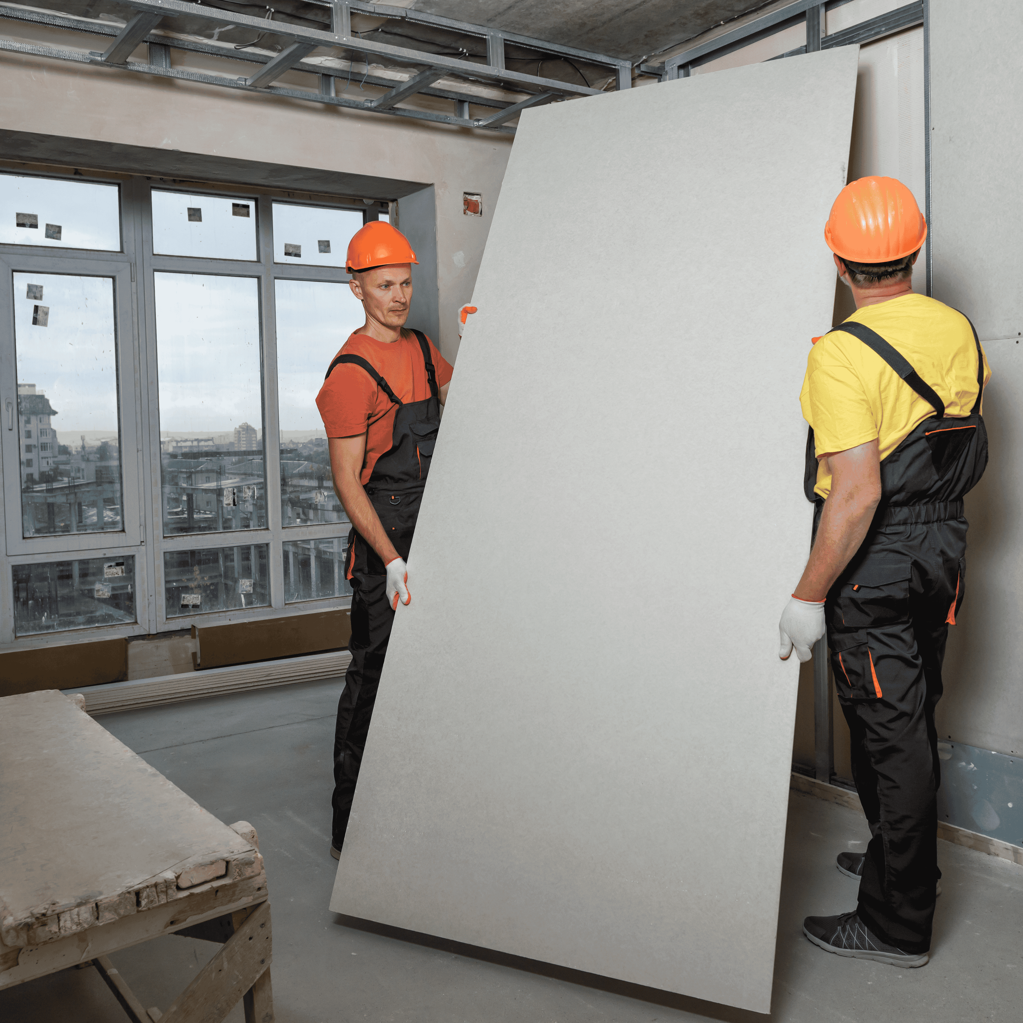 Two construction workers in hard hats carrying a large drywall sheet inside a building under construction.