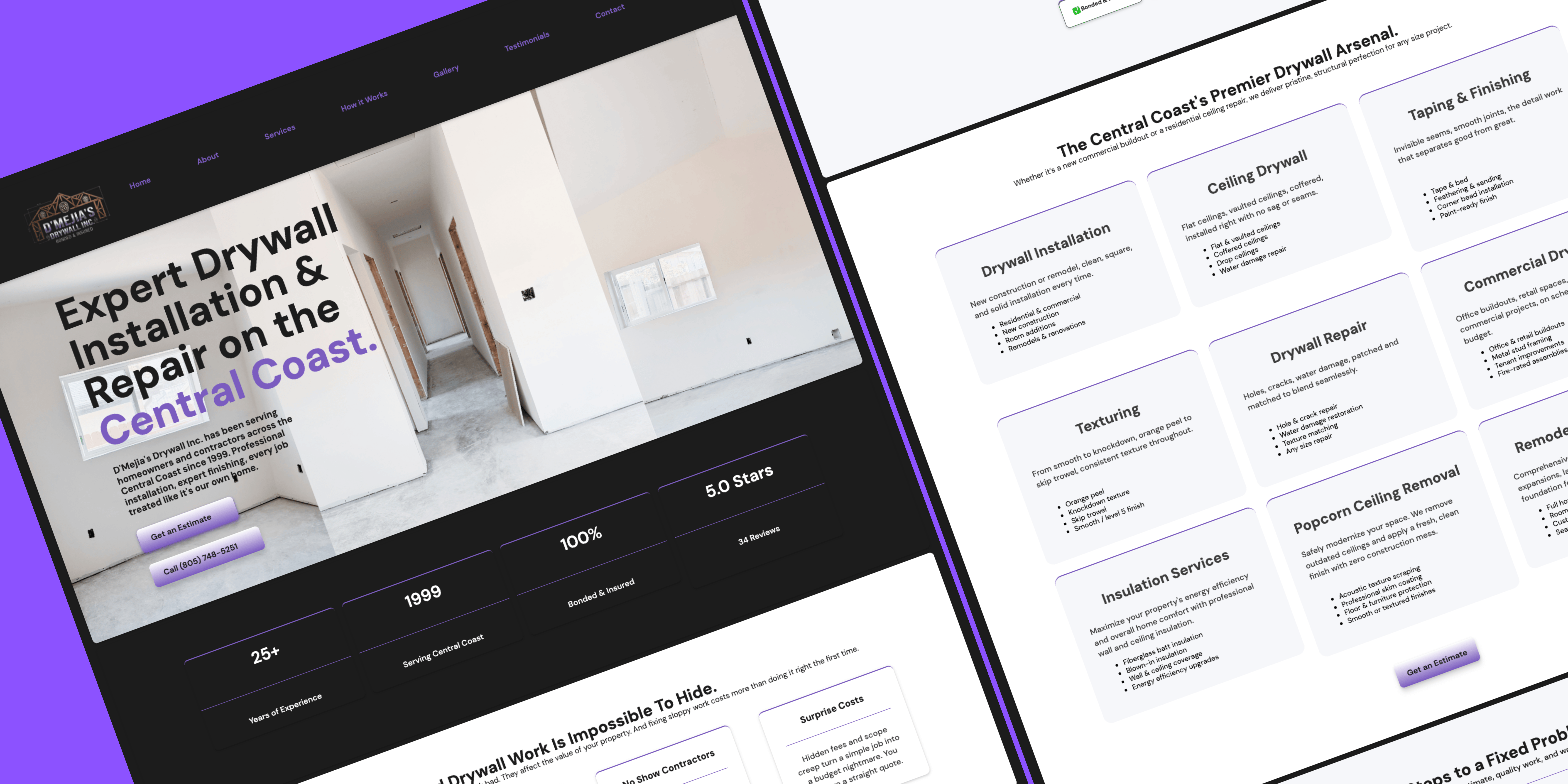 Website for drywall services showing expert Central Coast drywall installation, repair, and service details.