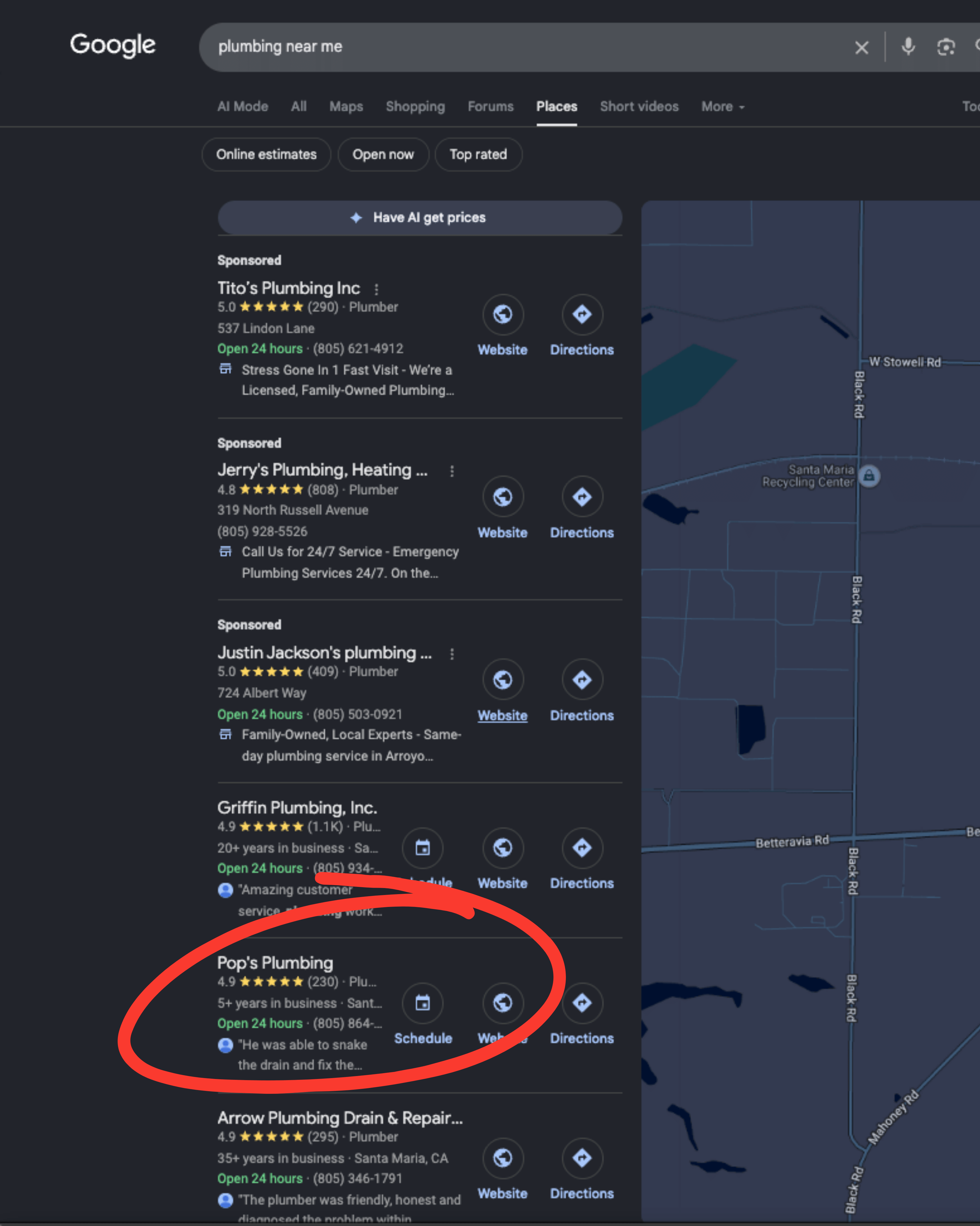 Google search results for plumbing near me showing multiple local plumbing businesses with ratings and contact info.