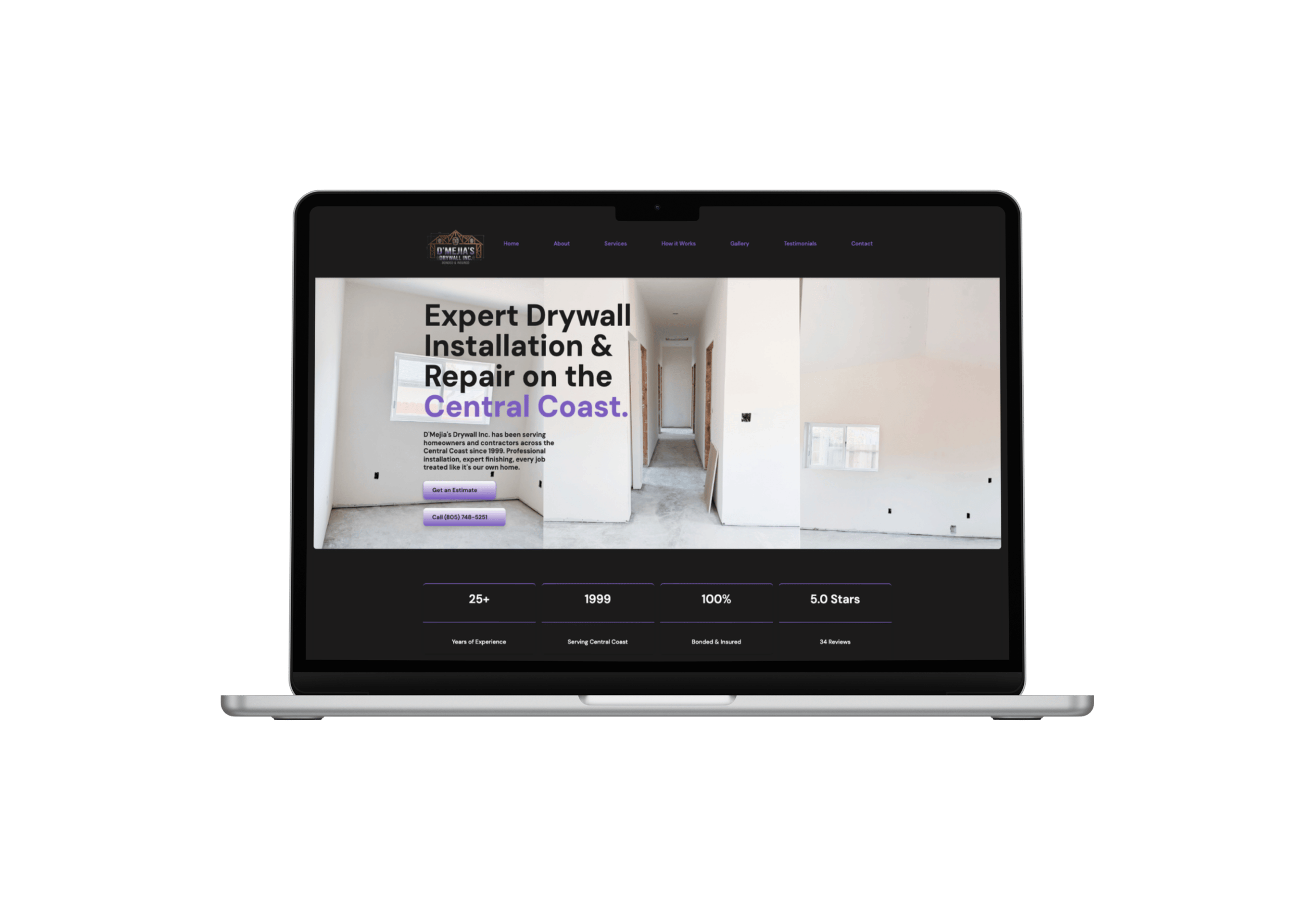 Laptop screen showing D'Mejia's Drywall website with drywall installation services on Central Coast.