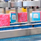 Conveyor belt with packaged drinks in a production line.