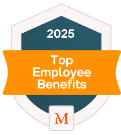 Badge with 2025 Top Employee Benefits text and a red M logo at the bottom.