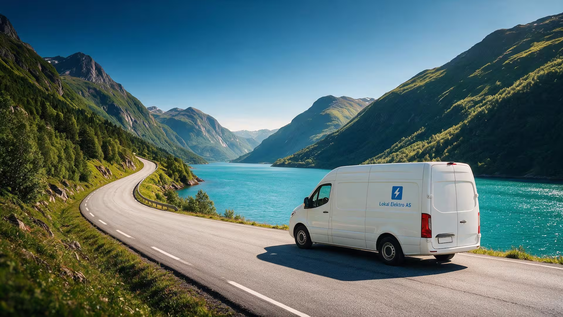 Bil med lokal elektriker kjører gjennom norsk landskap
