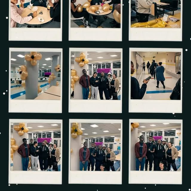 Students and staff at a school celebration with gold balloons