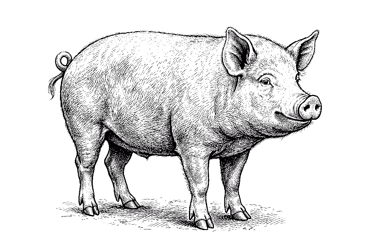Detaillierte schwarz-weiße Zeichnung eines stehenden Schweins mit gelocktem Schwanz, nach rechts schauend.