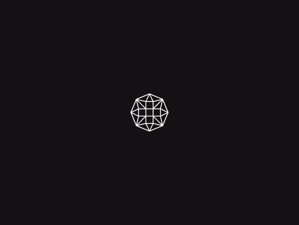 White geometric polygonal shape composed of interconnected lines forming triangular and square patterns on a black background.