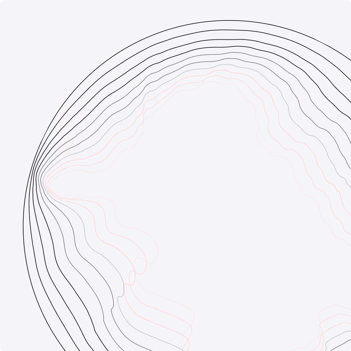 Abstract image of concentric wavy contour lines in black, gray, and light pink forming a rounded shape on a light gray background.