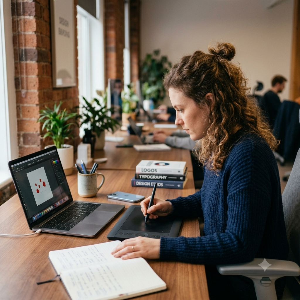 Woman with curly hair in a blue sweater working at a desk using a pen tablet connected to a laptop displaying graphic design software, with notebooks, books about logos, typography and design, and plants around.