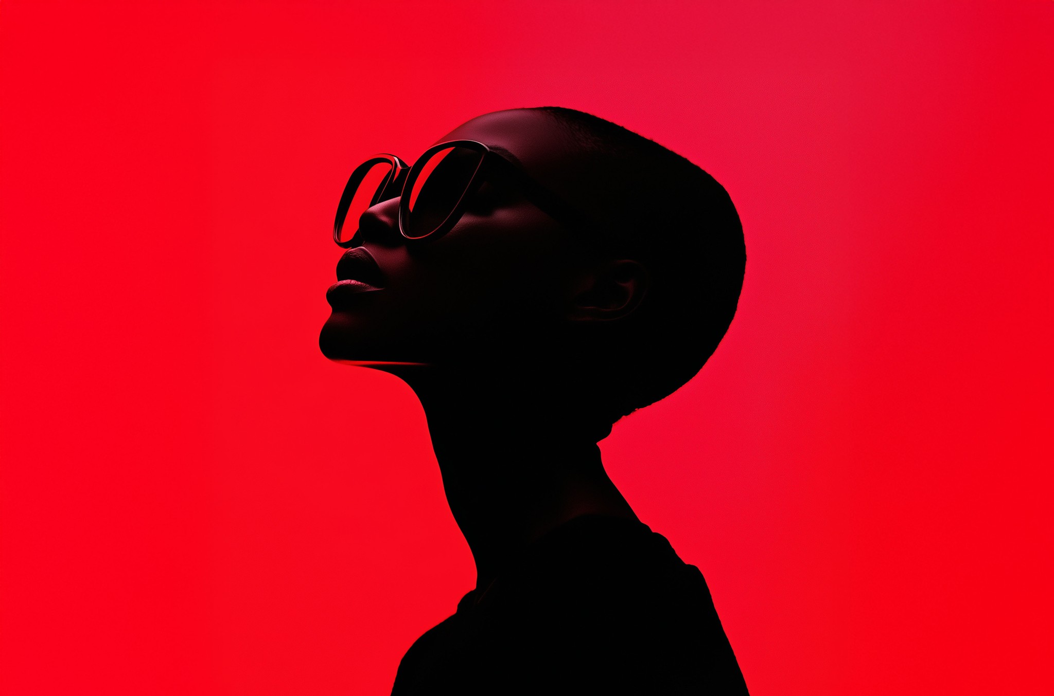 Silhouette of a person with short hair wearing large round sunglasses, looking upward against a vibrant red background.