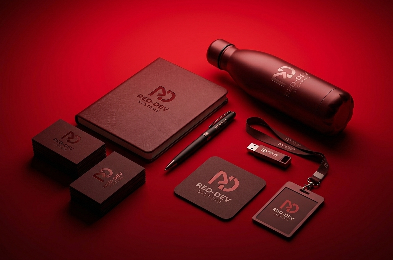 Dark red branded office items on a red background, including a notebook, pen, water bottle, business cards, USB flash drive, coaster, and badge holder with lanyard, all featuring the Red Dev Systems logo and text.