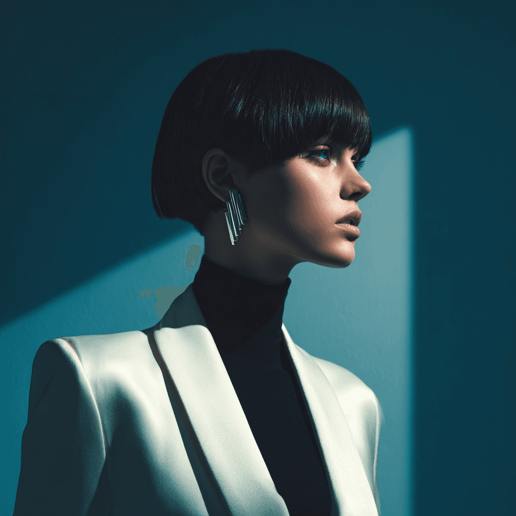 Profile of a woman with short dark hair and bangs wearing a white blazer over a black turtleneck and silver geometric earrings, lit by sunlight against a dark teal background.