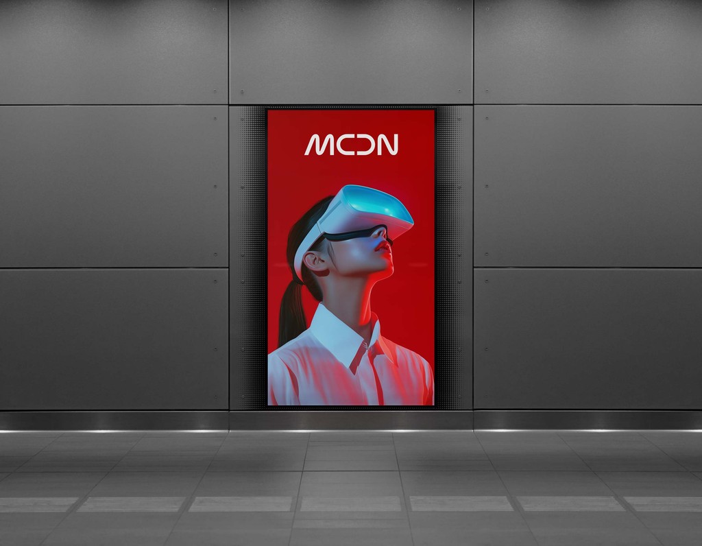 Digital advertisement in a gray tiled wall showing a woman wearing a white virtual reality headset against a red background with the word 'MOON' above her.