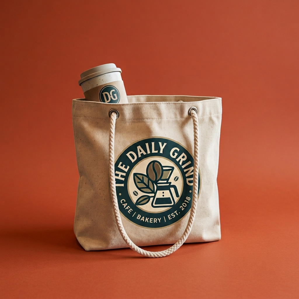 Canvas tote bag with off-white rope handles and a coffee-themed logo that reads 'The Daily Grind Cafe | Bakery | Est. 2018' and features a coffee bean, leaves, and a coffee maker, with a matching coffee cup inside the bag, set against a warm terracotta background.