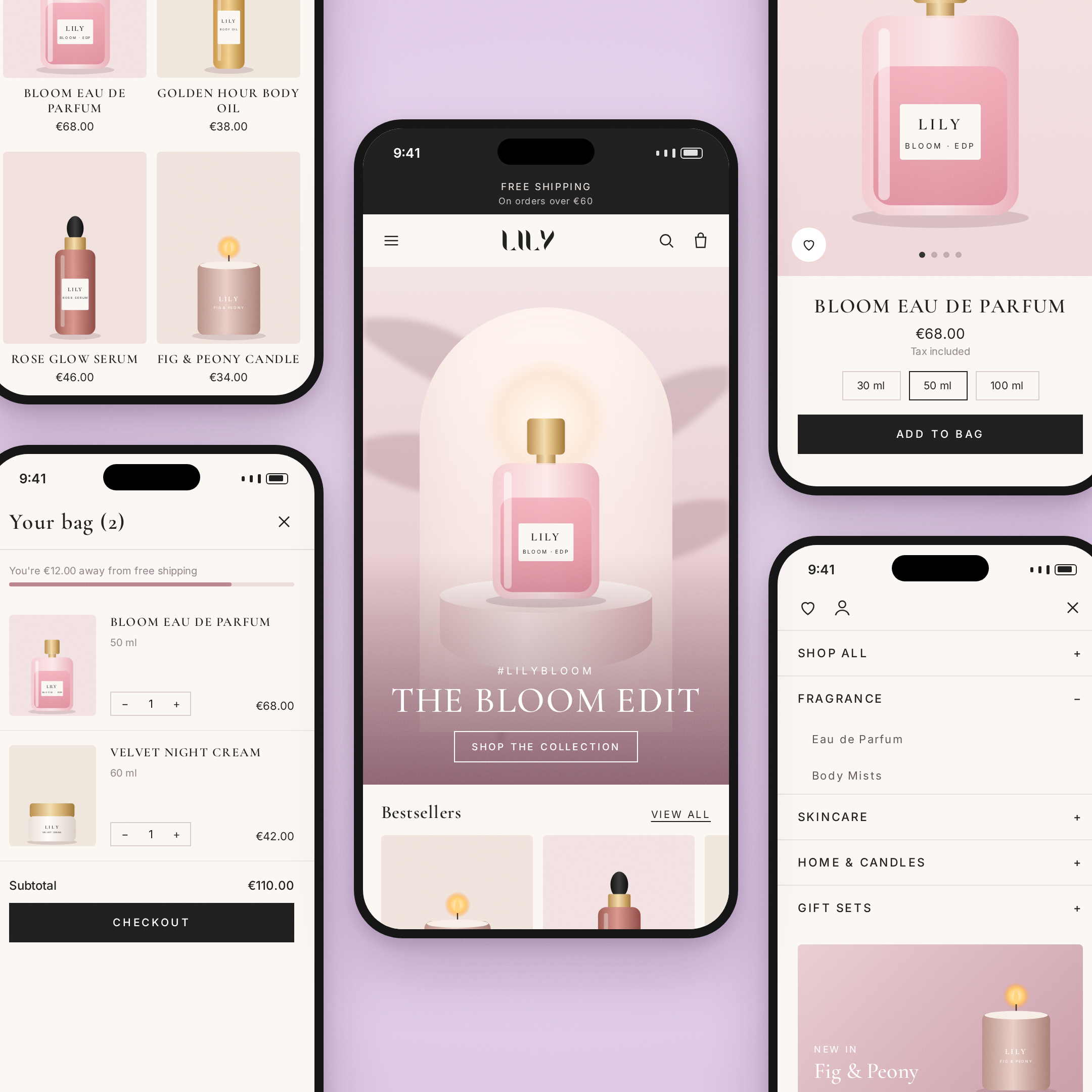 Mobile screens showing the Lily Bloom beauty product app with a pink perfume bottle featured, product categories like fragrance and skincare, a shopping bag with items and subtotal, and options to choose product sizes and add to bag.