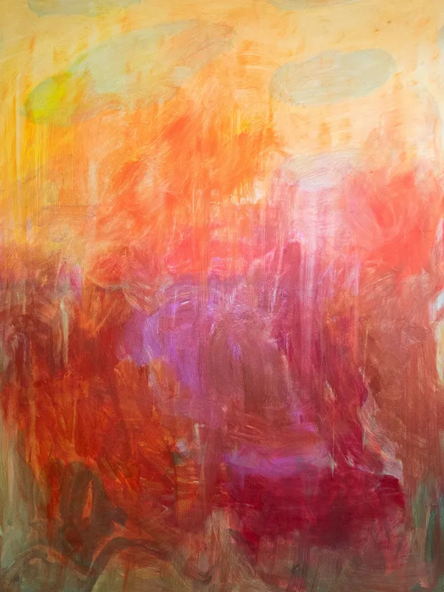 Abstract painting with warm orange, red, pink, and purple hues blending vertically.