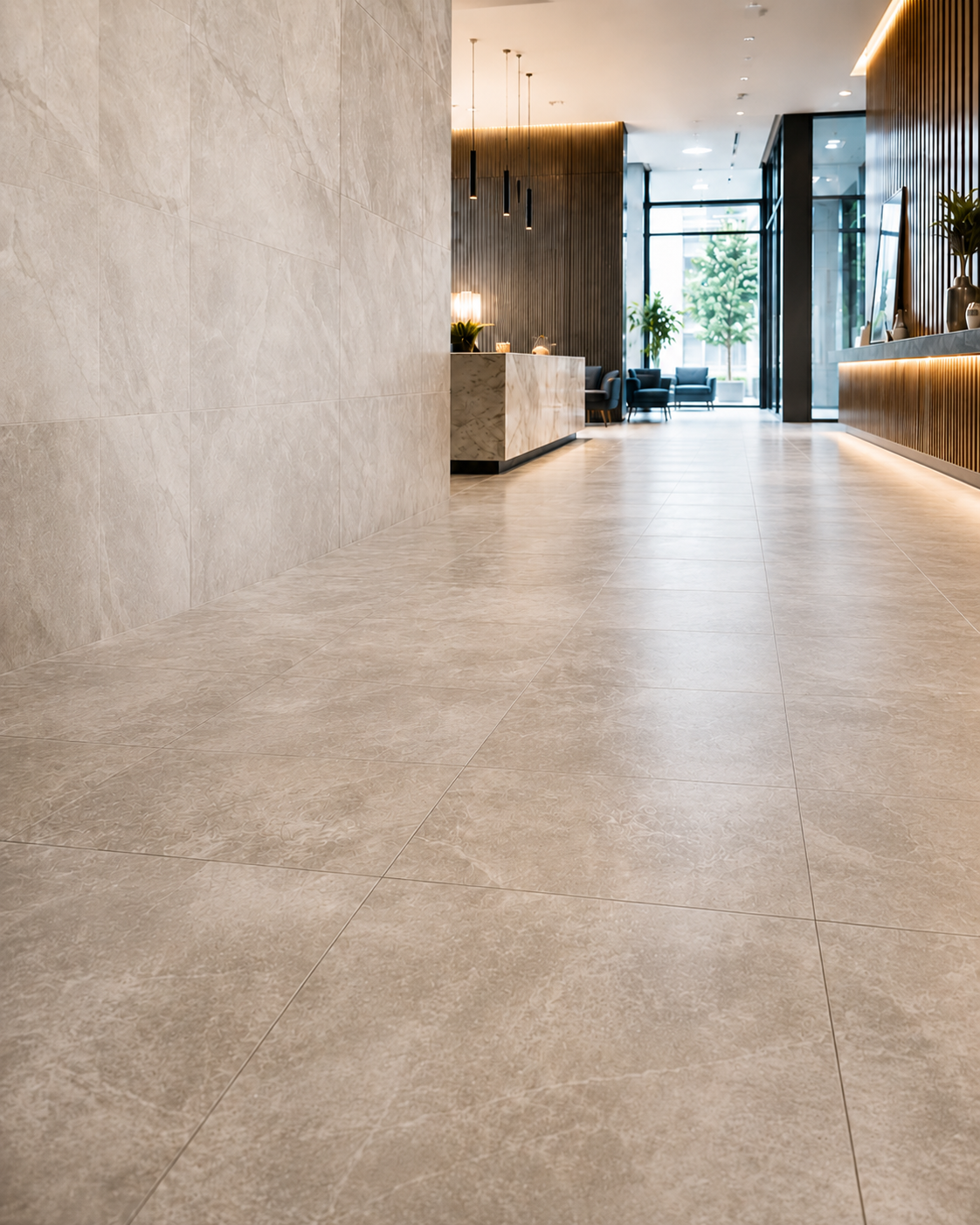 Illustrative tiled floor and interior finish