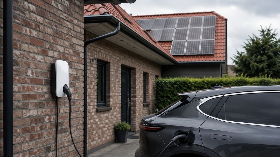 Wallbox an einem Klinkerhaus mit Photovoltaikanlage, E-Auto beim Laden