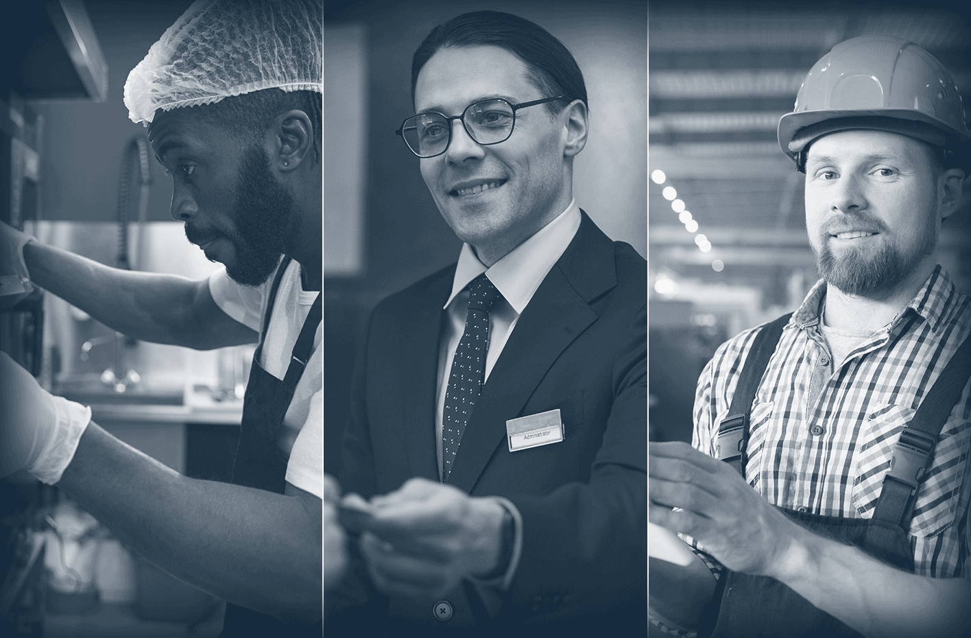 Trois hommes au travail : cuisinier, homme en costume avec badge, et ouvrier portant un casque.