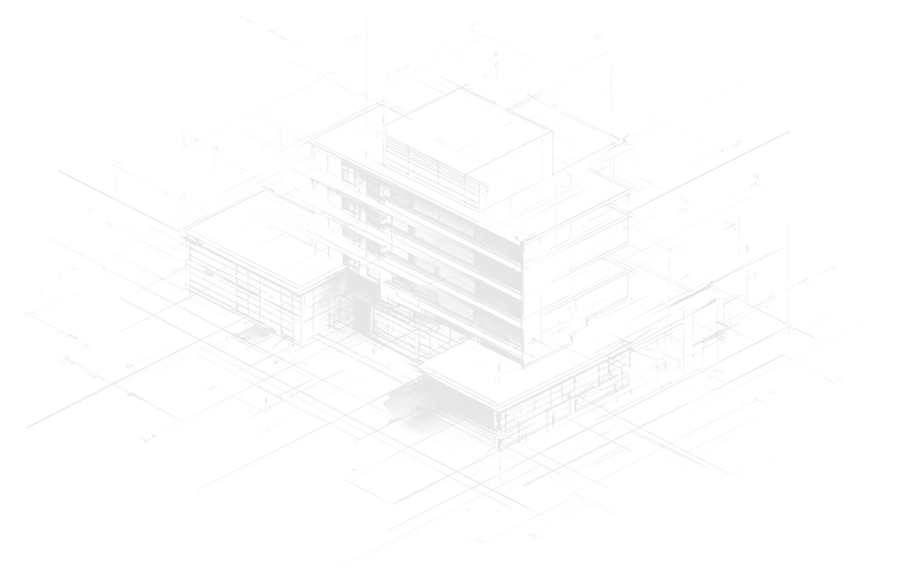 Architectural wireframe sketch of a modern multi-level building with rectangular shapes and grids.