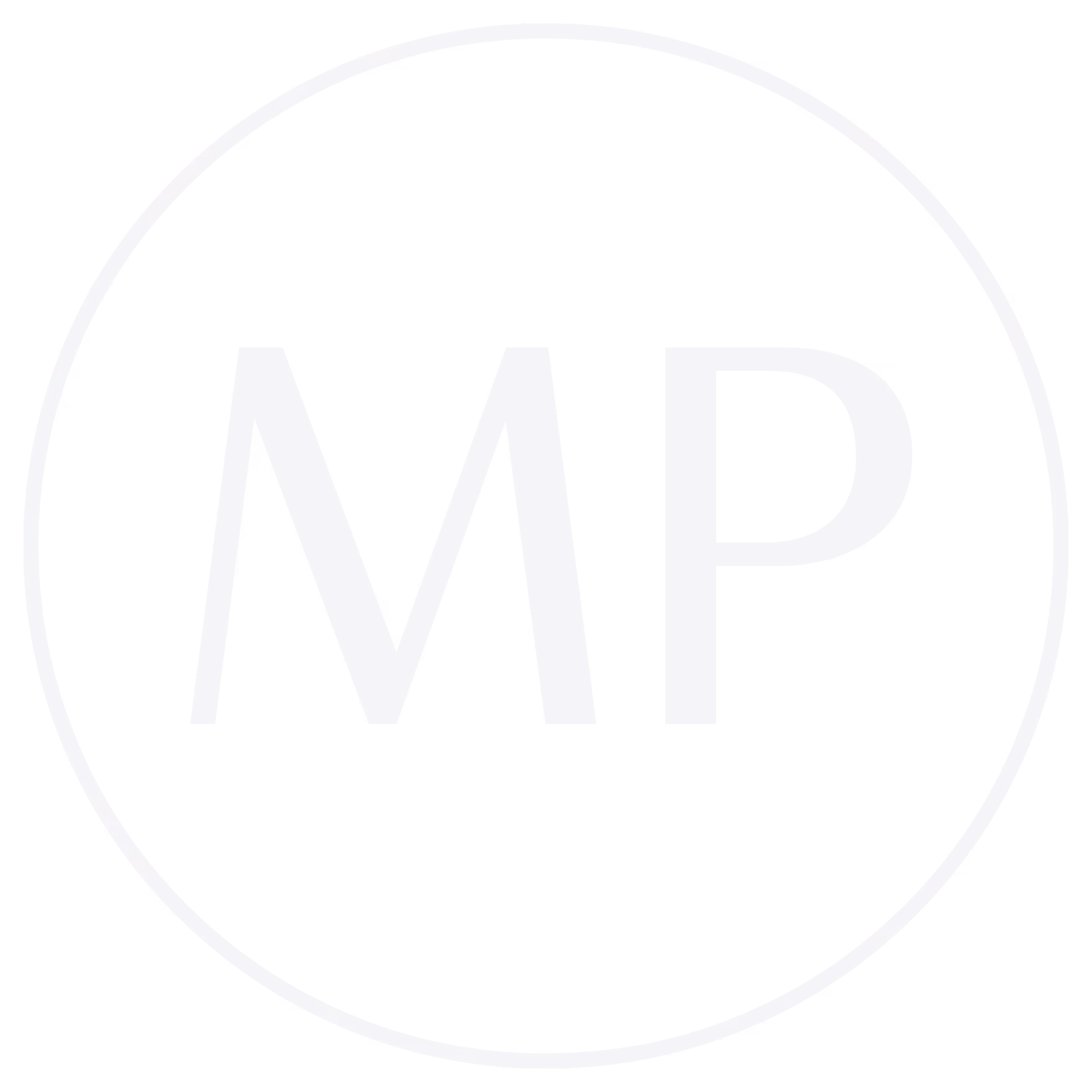 White letters MP inside a white circle on a black background.