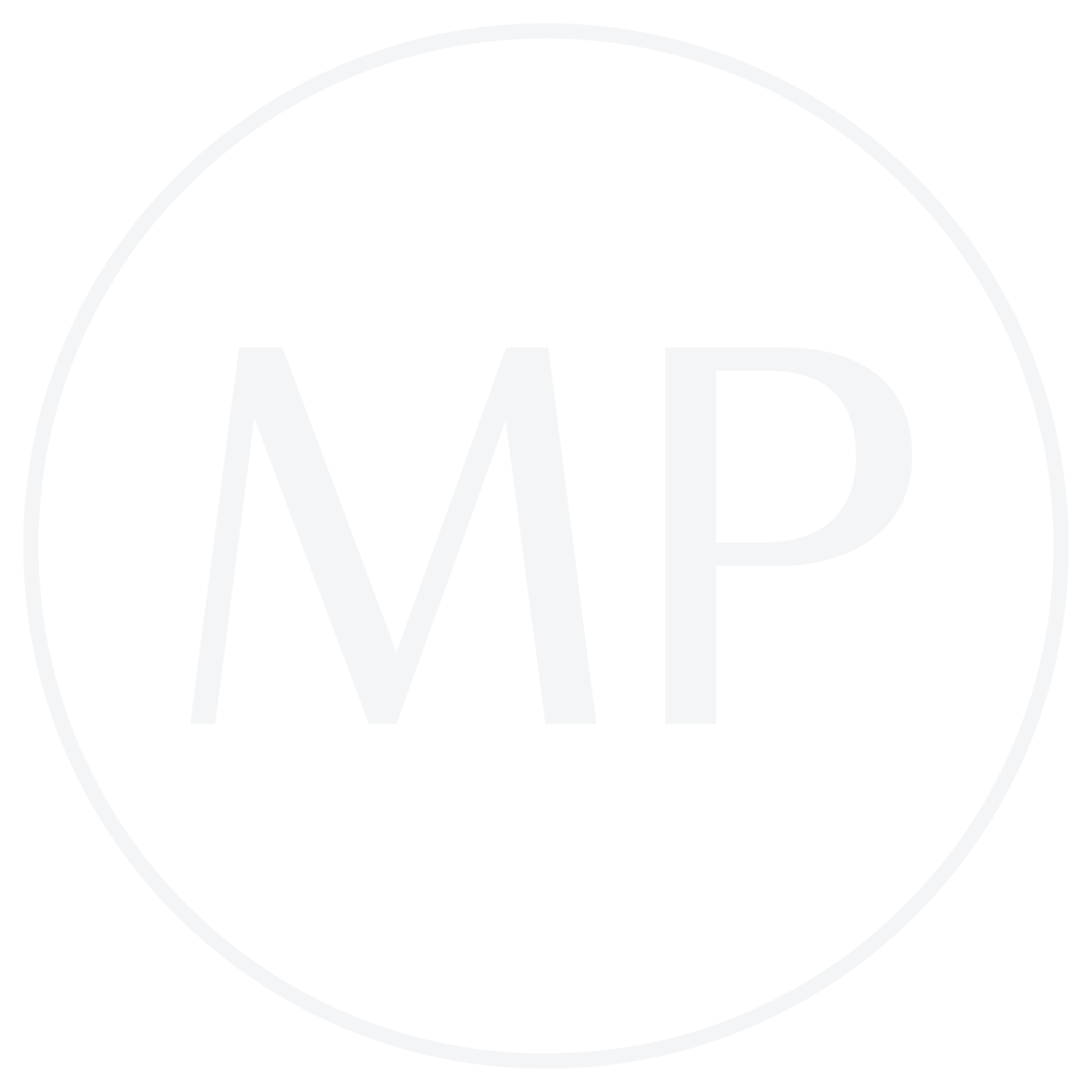 White letters MP inside a white circle on a black background.