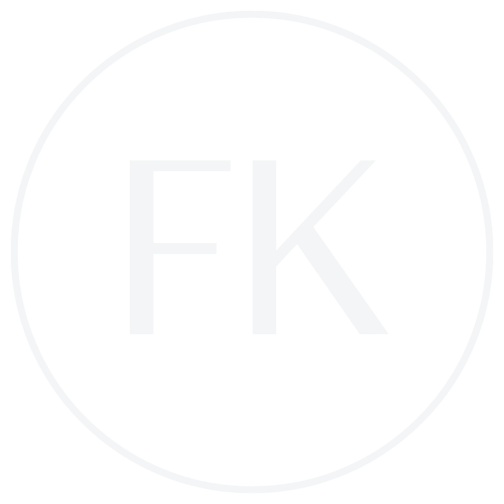 White letters FK inside a thin white circle on a black background.