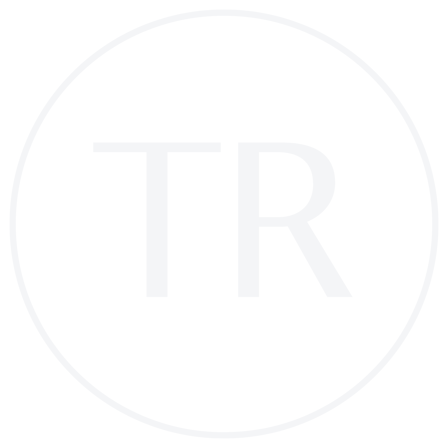 White uppercase letters TR inside a white circle on a black background.