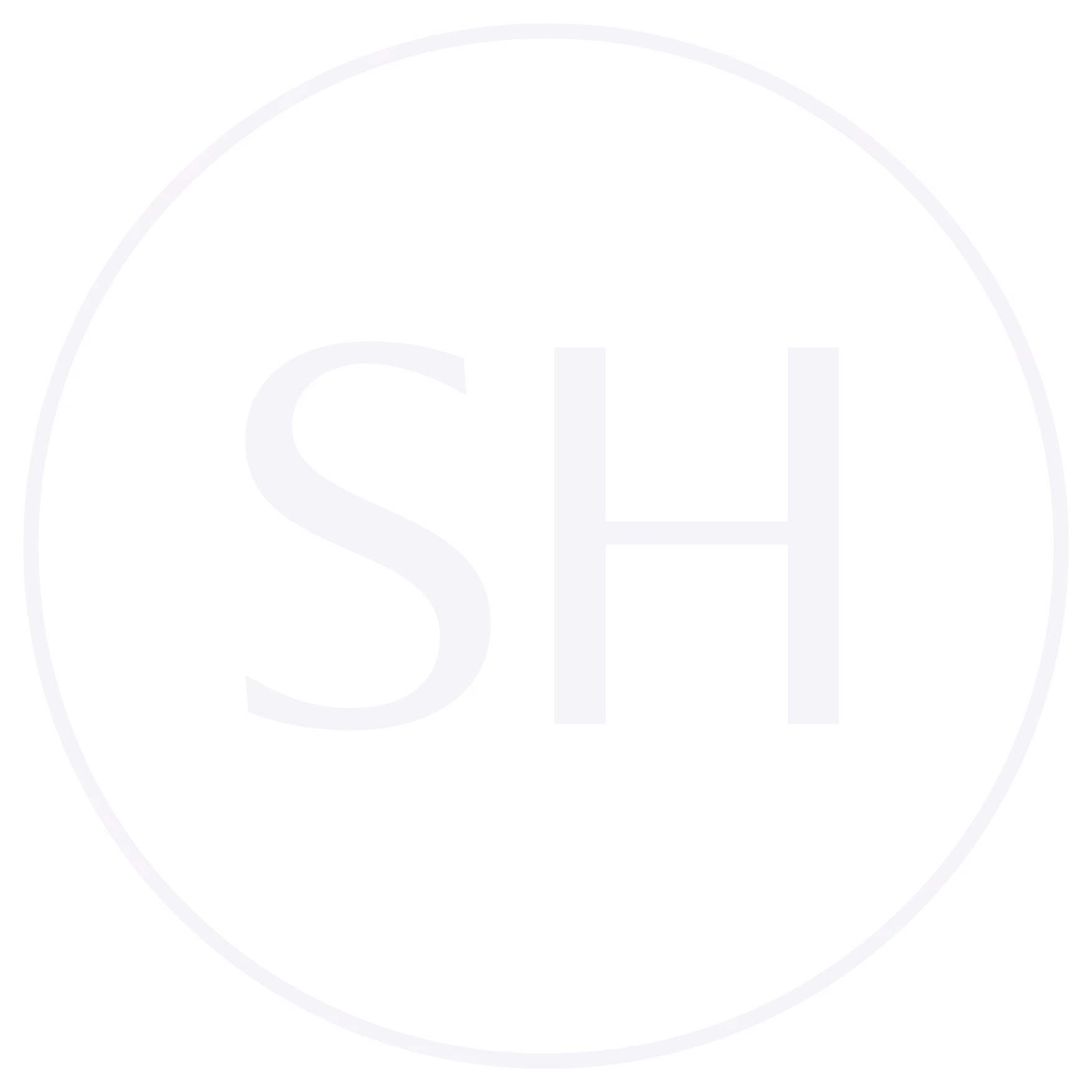 White uppercase letters S and H inside a thin white circle on black background.