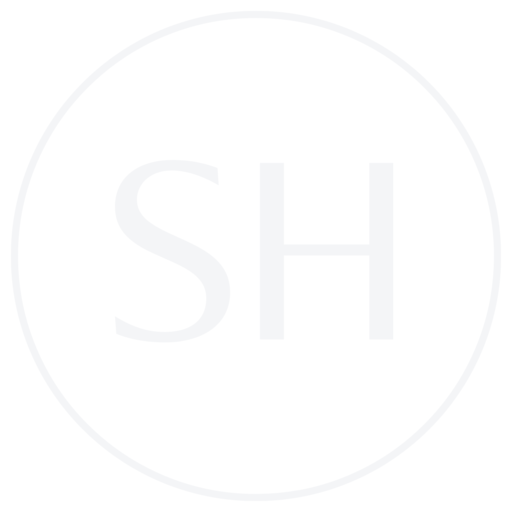 White uppercase letters S and H inside a thin white circle on black background.
