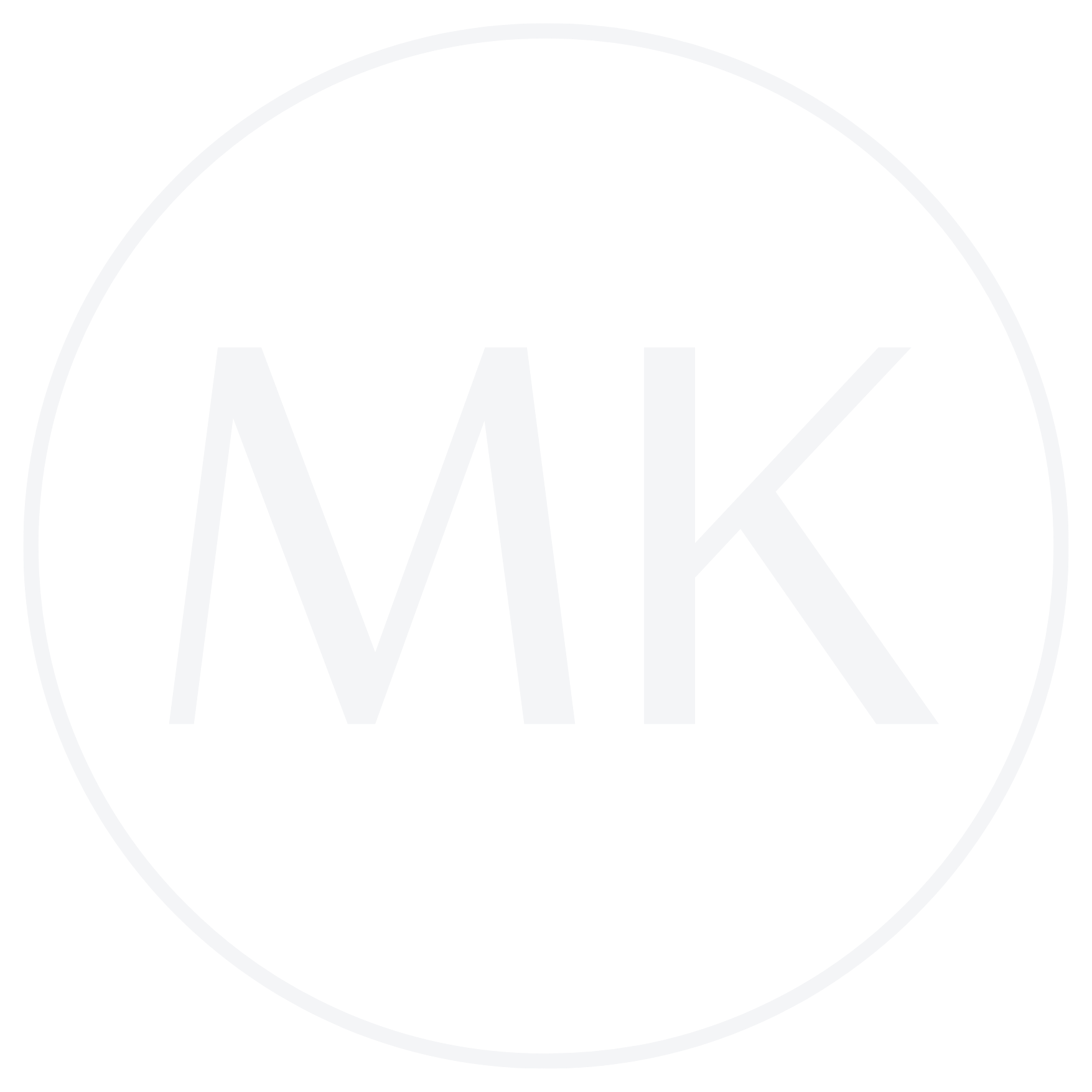 White MK letters inside a thin white circle on a black background.