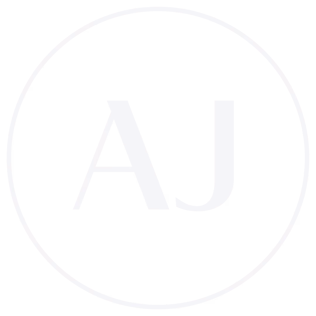 Black circle with white border and white letters AJ in the center.