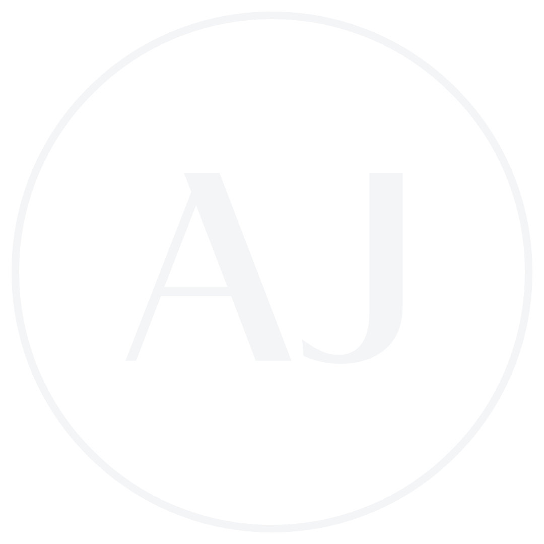 Black circle with white border and white letters AJ in the center.