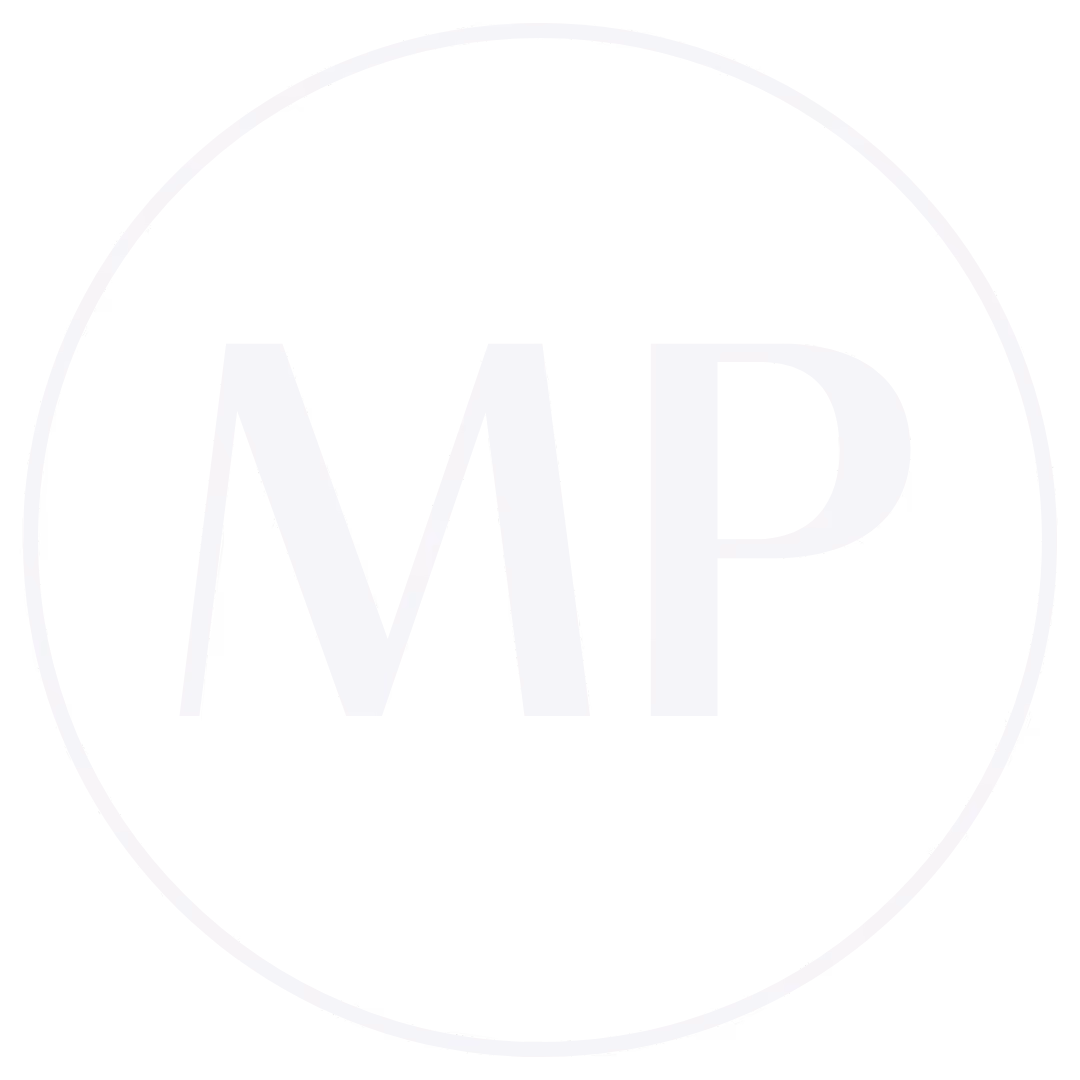 Black circle with white border containing white capital letters MP in the center.