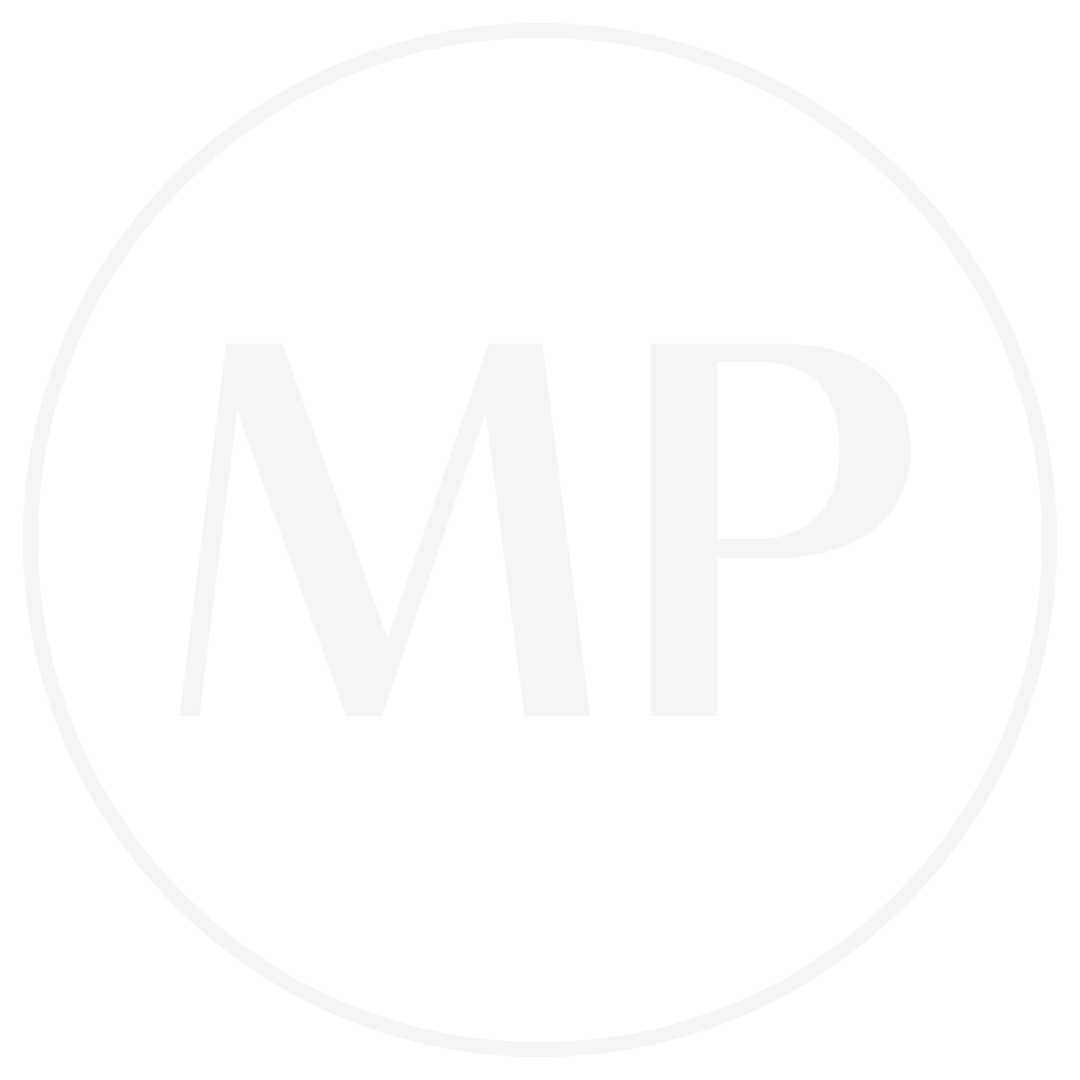 Black circle with white border containing white capital letters MP in the center.