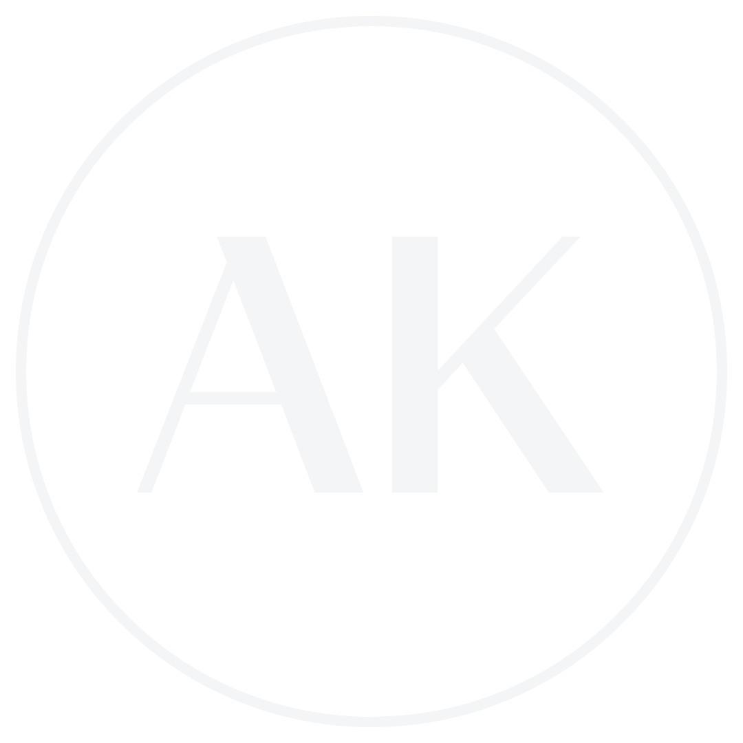 White uppercase letters AK centered inside a white circle on a black background.
