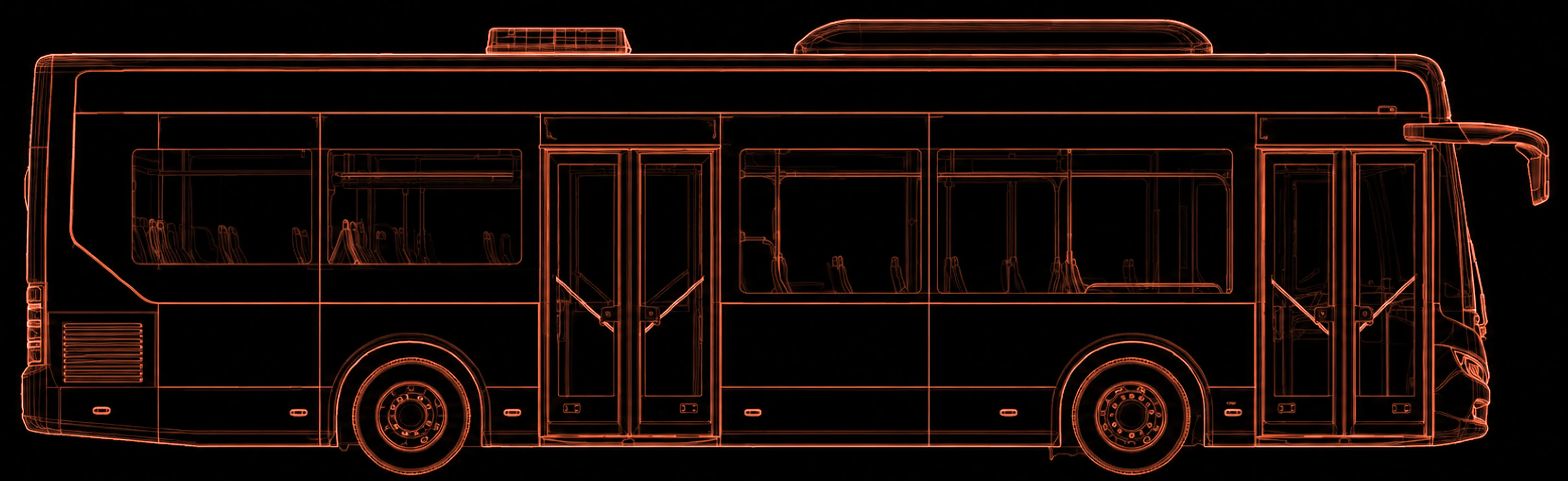 Side view x-ray style image of a city bus showing seats, doors, wheels, and roof equipment.