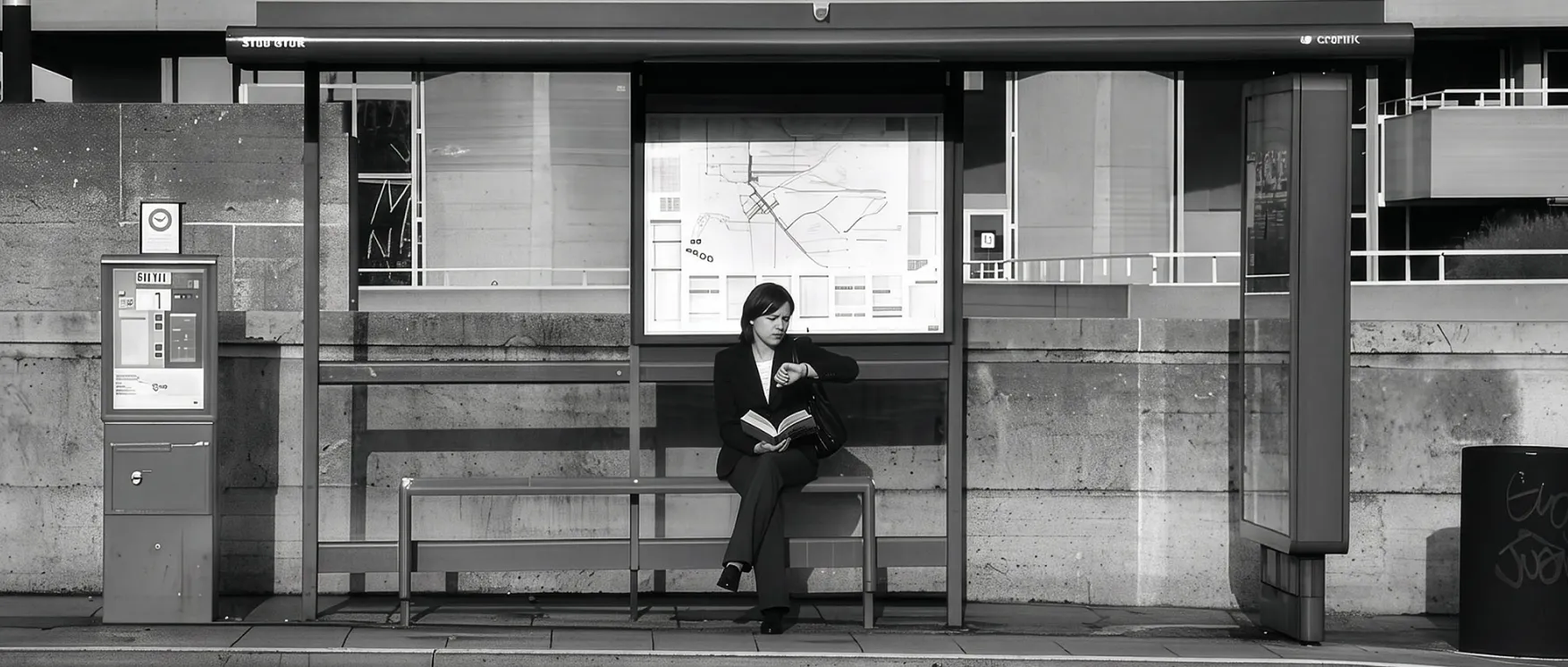 Woman sitting alone on a bench at a bus stop, reading a book and looking at her wristwatch, with a ticket machine and a trash bin nearby.