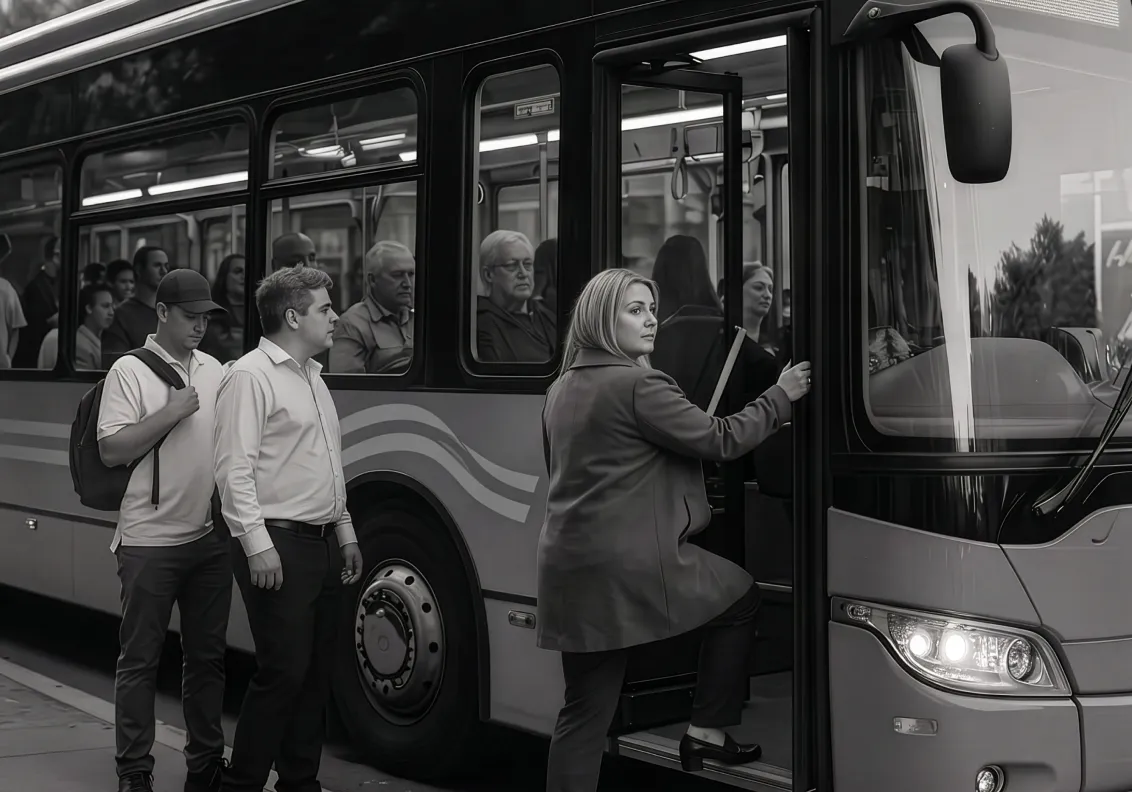 Black and white photo of a woman boarding a city bus while two men wait behind her in line, with several passengers seated inside the bus.