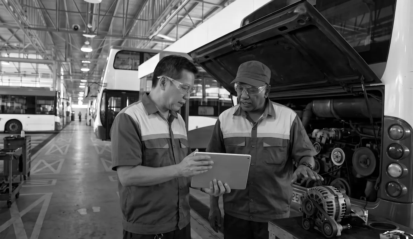 Two mechanics wearing safety glasses and uniforms discuss while looking at a tablet in a bus garage with several buses and an open bus engine.