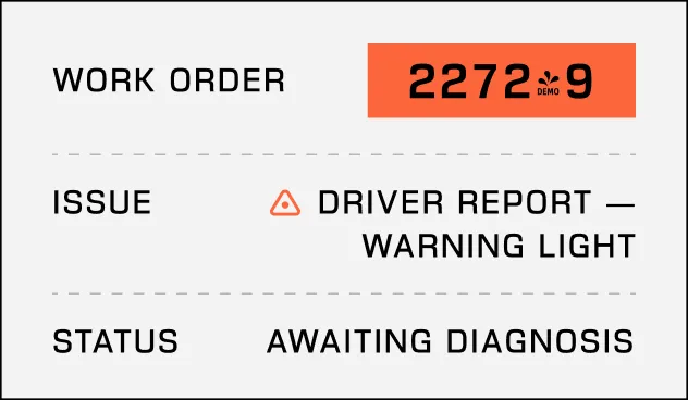 Work order 22729 with issue: driver report warning light, status awaiting diagnosis.