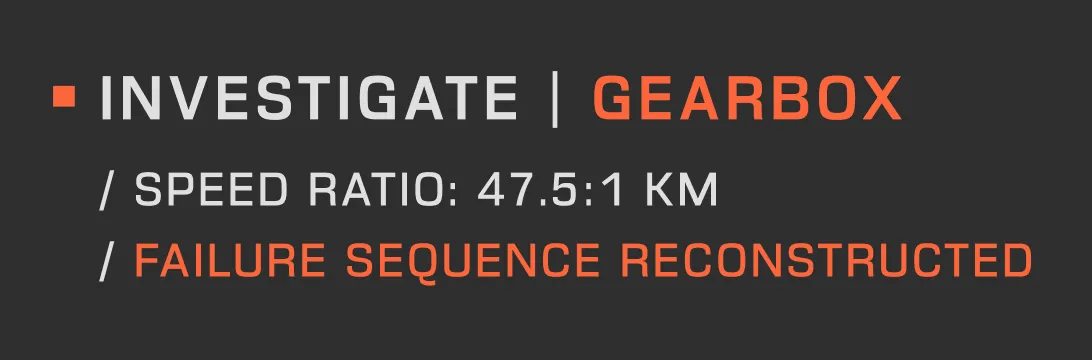 Text on dark background reading: 'INVESTIGATE | GEARBOX / SPEED RATIO: 47.5:1 KM / FAILURE SEQUENCE RECONSTRUCTED' with 'GEARBOX' and 'FAILURE SEQUENCE RECONSTRUCTED' highlighted in orange.
