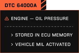 Vehicle diagnostic trouble code DTC 64000A indicating engine oil pressure issue, stored in ECU memory with vehicle MIL activated.