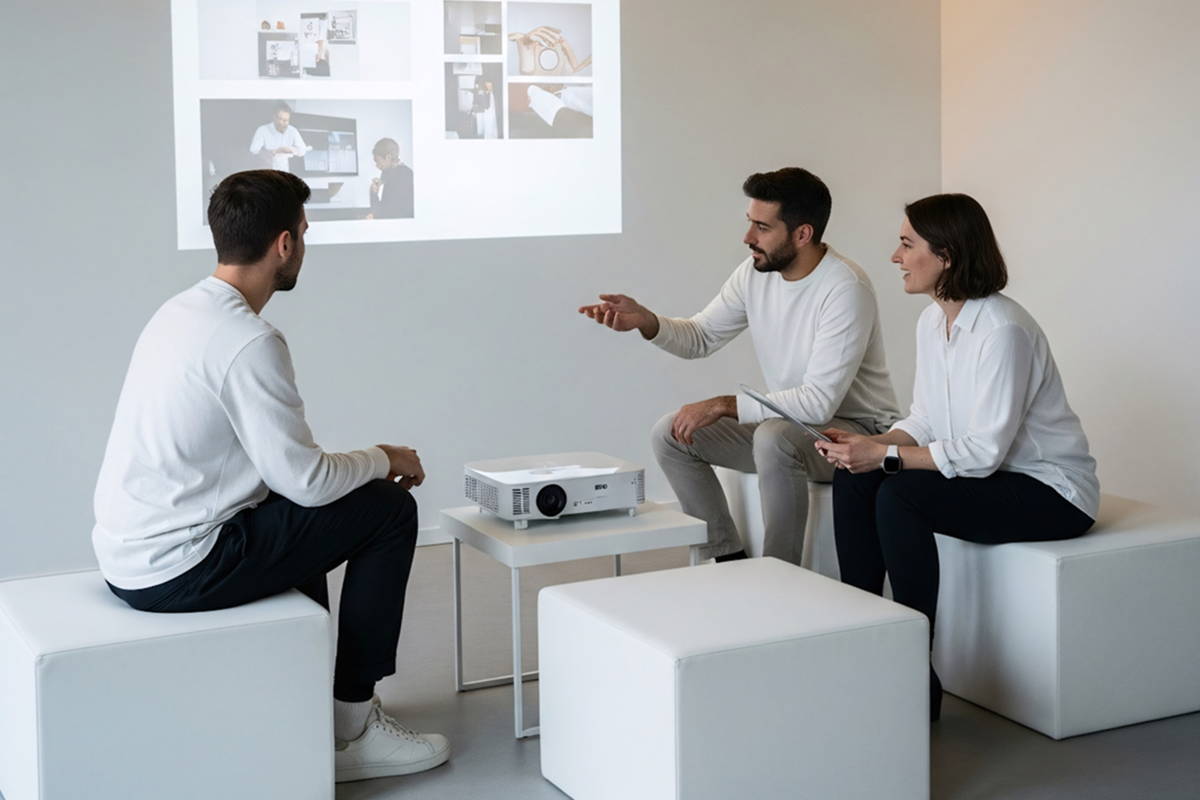 Three people in casual clothes sitting around a projector with images projected on a wall.